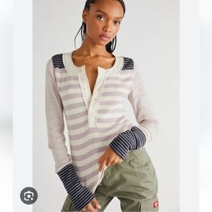 We the Free striped hi low waffle weave top in yellow and blue size Large